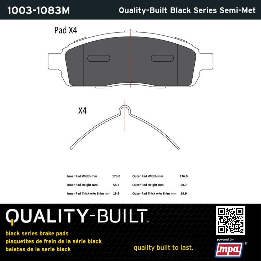 MPA 1003-1083M Quality-Built Black Series Semi-Metallic Brake Pads w/ Hardware