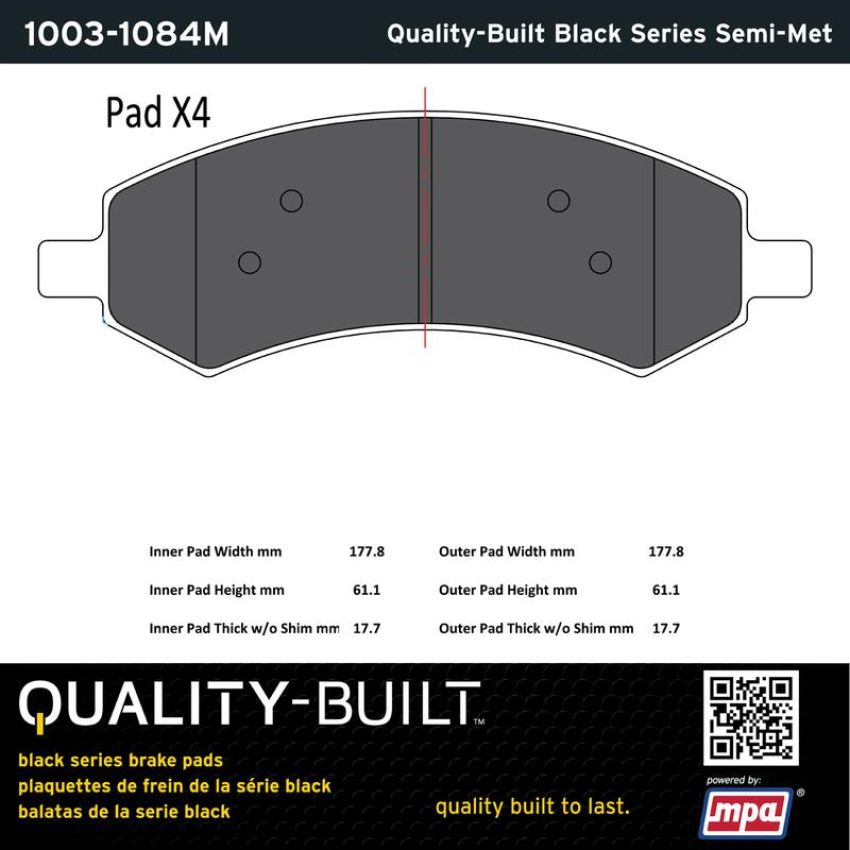 MPA 1003-1084M Quality-Built Black Series Semi-Metallic Brake Pads w/ Hardware