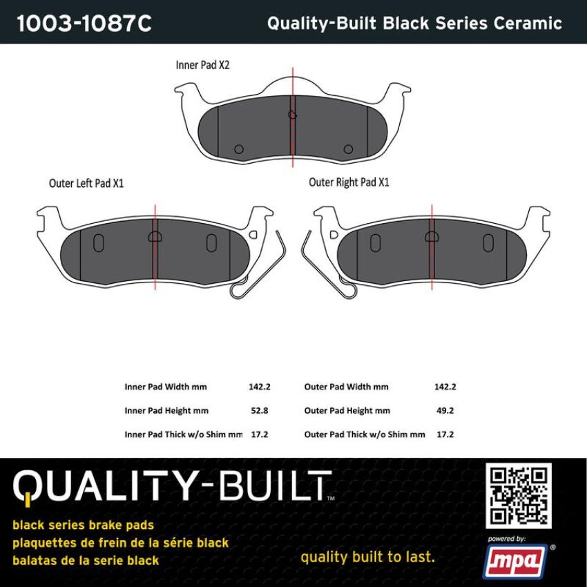 MPA 1003-1087C Quality-Built Black Series Ceramic Brake Pads w/ Hardware