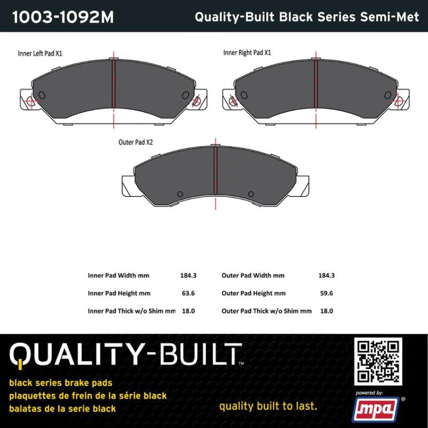 MPA 1003-1092M Quality-Built Black Series Semi-Metallic Brake Pads w/ Hardware