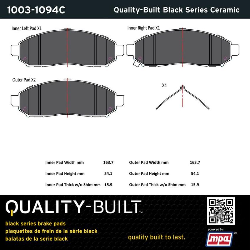 MPA 1003-1094C Quality-Built Black Series Ceramic Brake Pads w/ Hardware