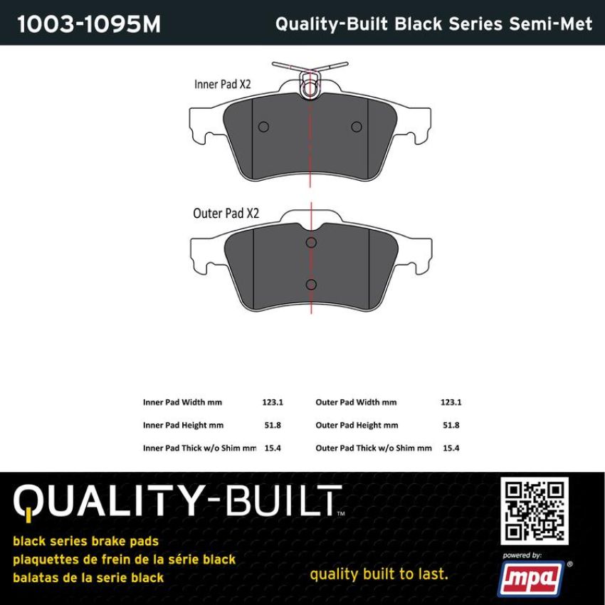 MPA 1003-1095M Quality-Built Black Series Semi-Metallic Brake Pads w/ Hardware