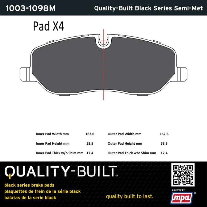 MPA 1003-1098M Quality-Built Black Series Semi-Metallic Brake Pads w/ Hardware