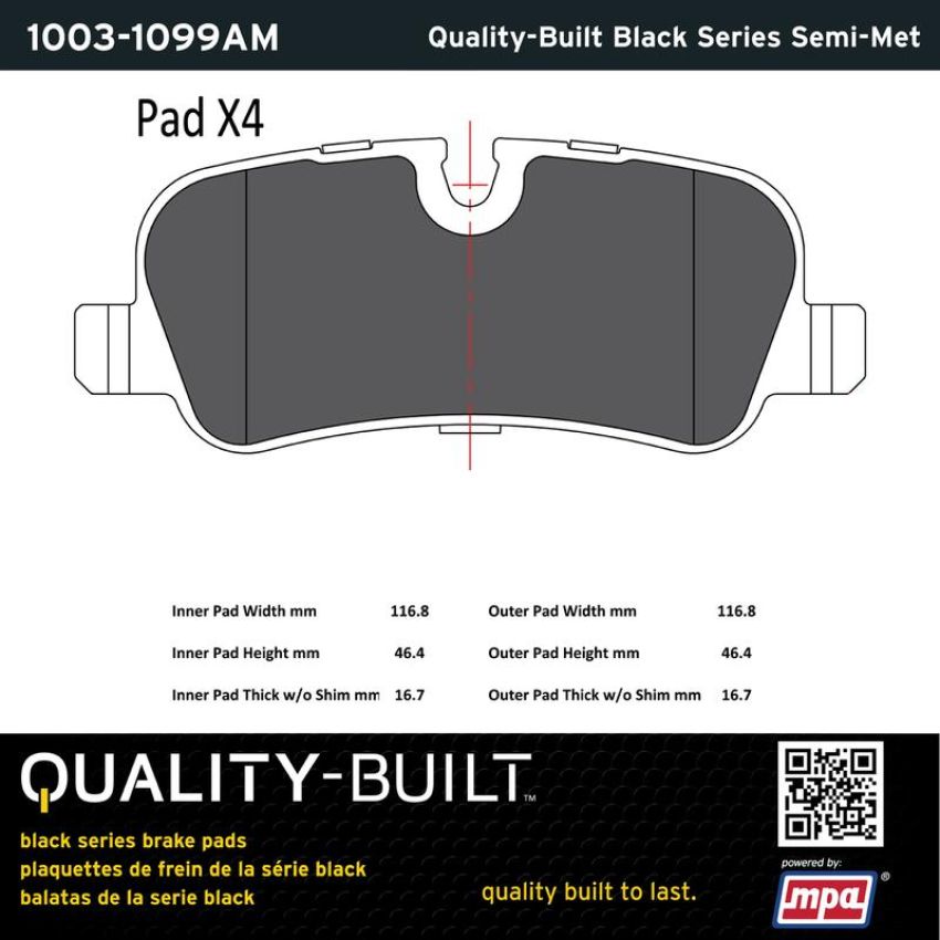 MPA 1003-1099AM Quality-Built Black Series Semi-Metallic Brake Pads w/ Hardware