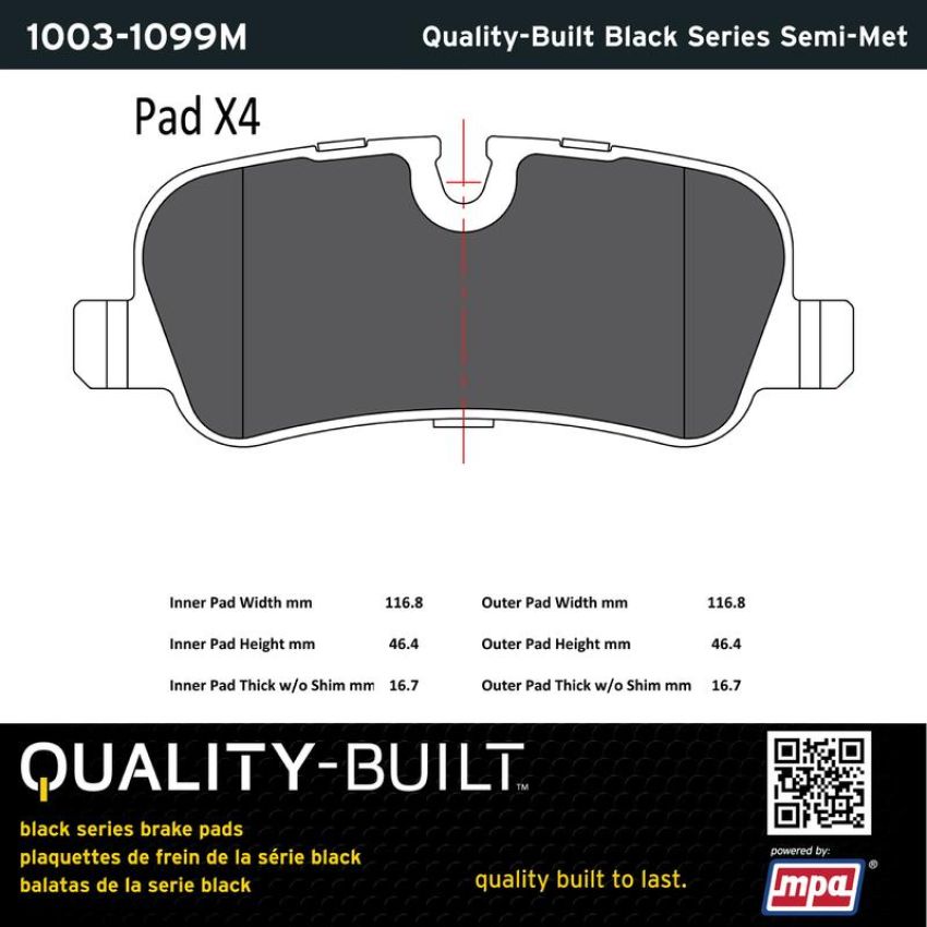 MPA 1003-1099M Quality-Built Black Series Semi-Metallic Brake Pads w/ Hardware