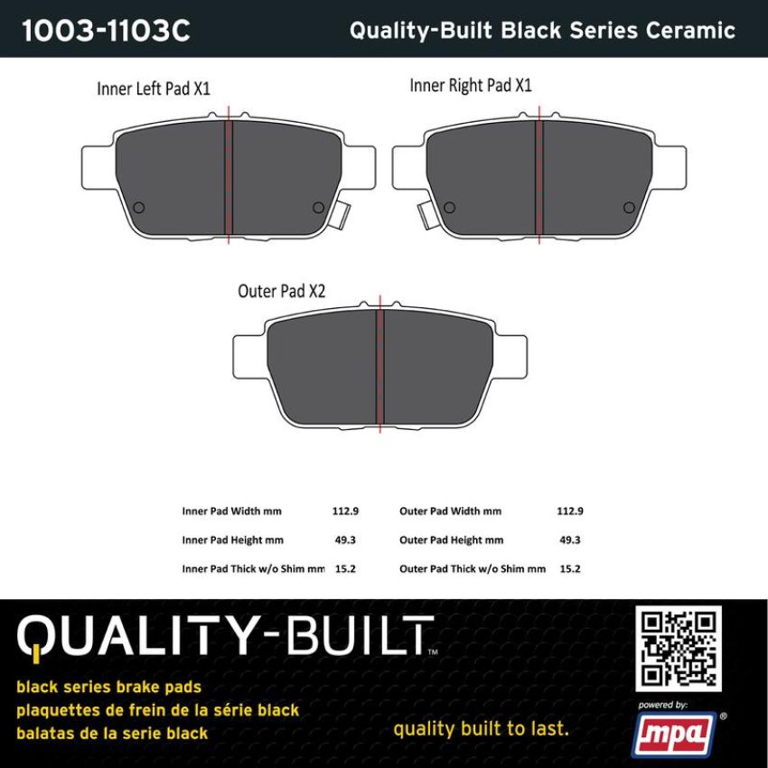 MPA 1003-1103C Quality-Built Black Series Ceramic Brake Pads w/ Hardware