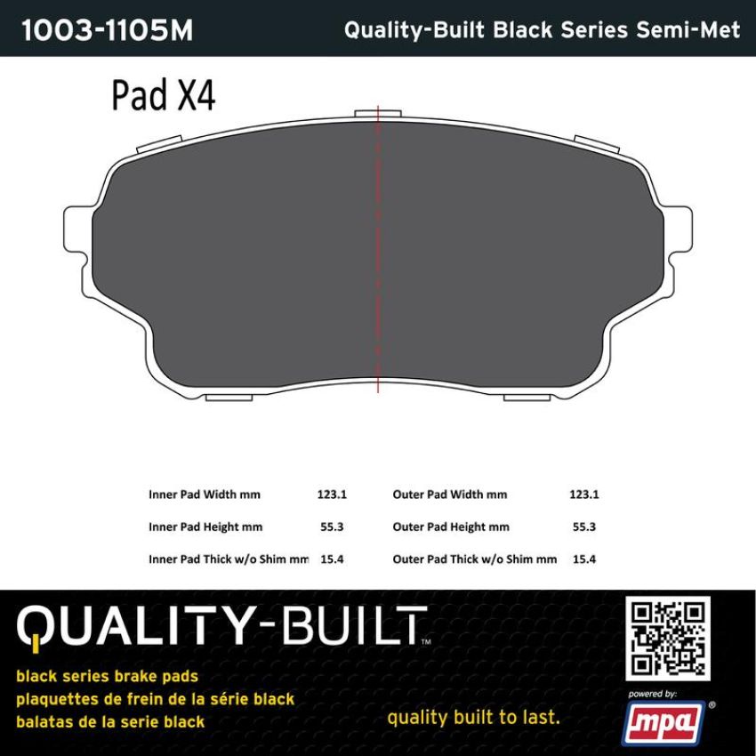 MPA 1003-1105M Quality-Built Black Series Semi-Metallic Brake Pads w/ Hardware