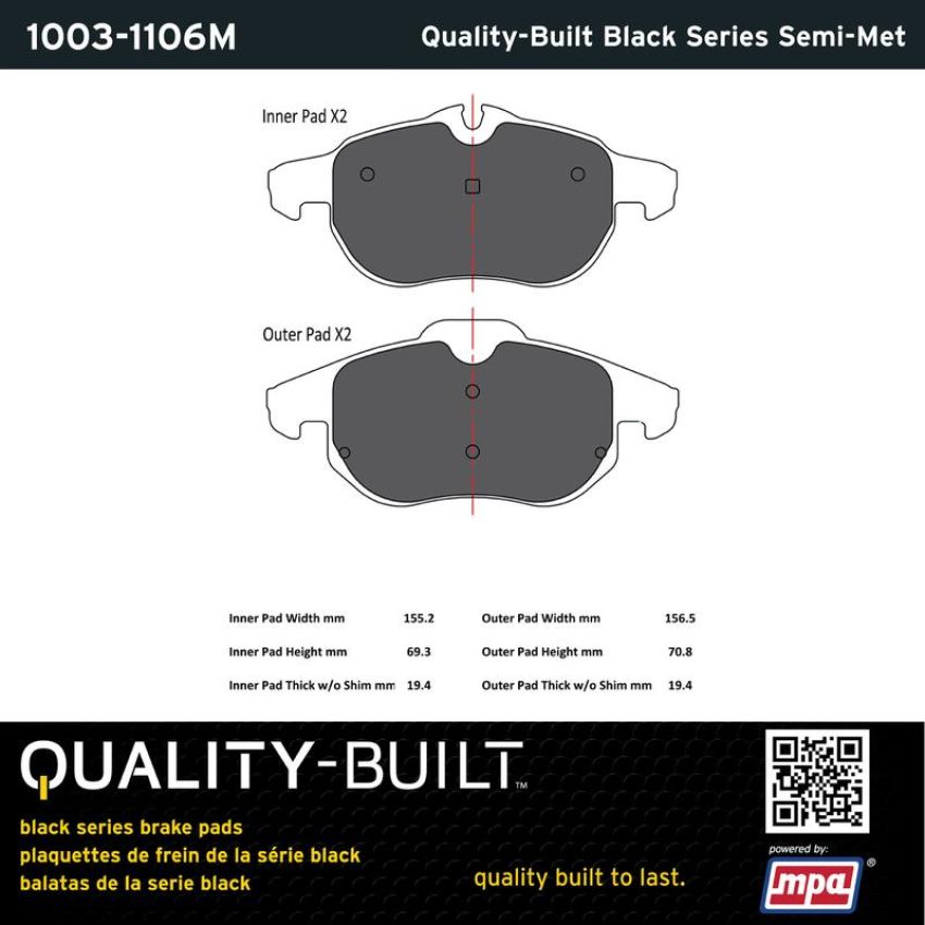 MPA 1003-1106M Quality-Built Black Series Semi-Metallic Brake Pads w/ Hardware