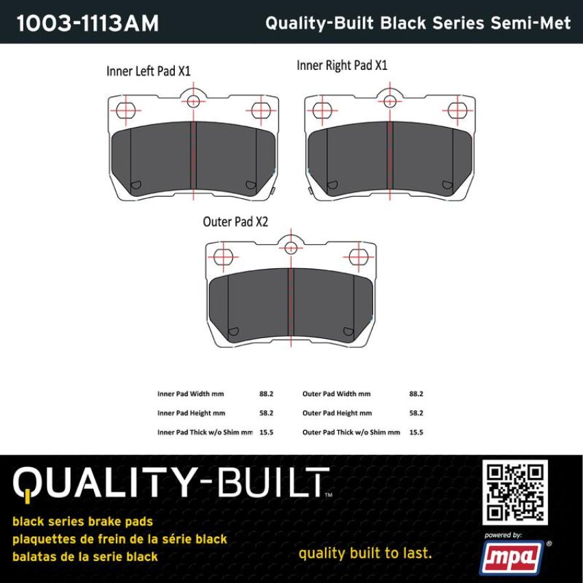 MPA 1003-1113AM Quality-Built Black Series Semi-Metallic Brake Pads w/ Hardware