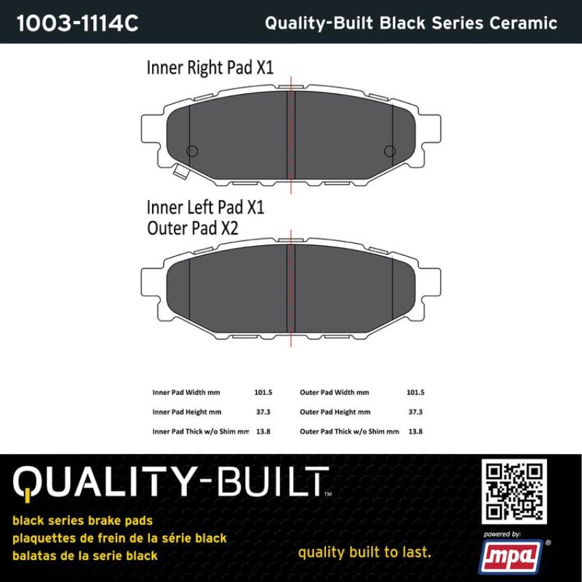 MPA 1003-1114C Quality-Built Black Series Ceramic Brake Pads w/ Hardware