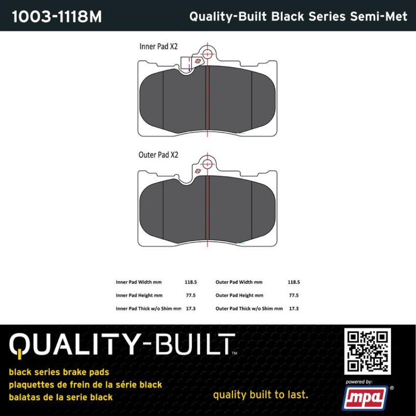 MPA 1003-1118M Quality-Built Black Series Semi-Metallic Brake Pads w/ Hardware