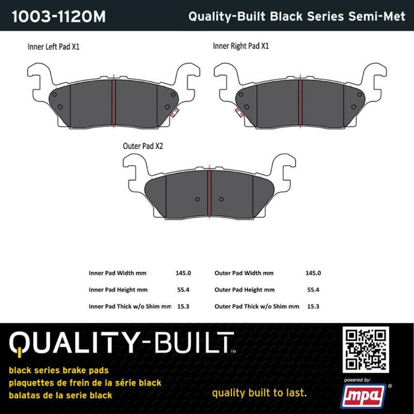 MPA 1003-1120M Quality-Built Black Series Semi-Metallic Brake Pads w/ Hardware