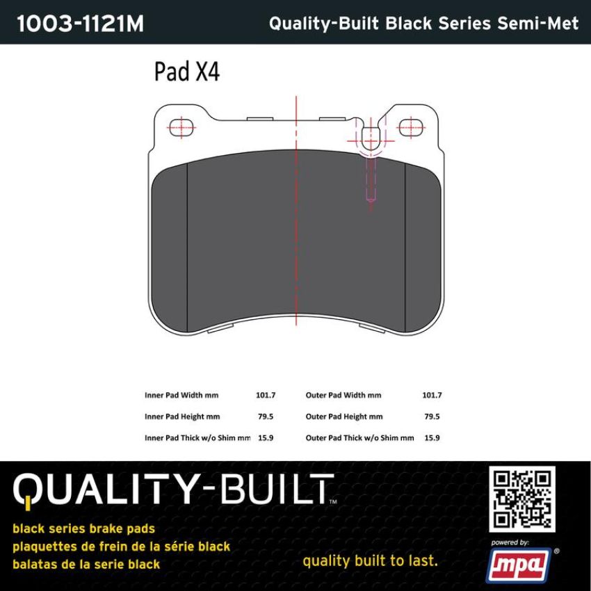 MPA 1003-1121M Quality-Built Black Series Semi-Metallic Brake Pads w/ Hardware