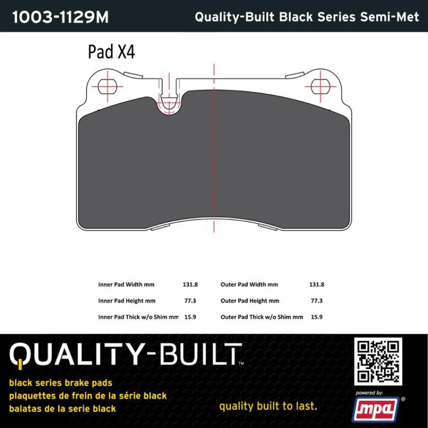 MPA 1003-1129M Quality-Built Black Series Semi-Metallic Brake Pads w/ Hardware