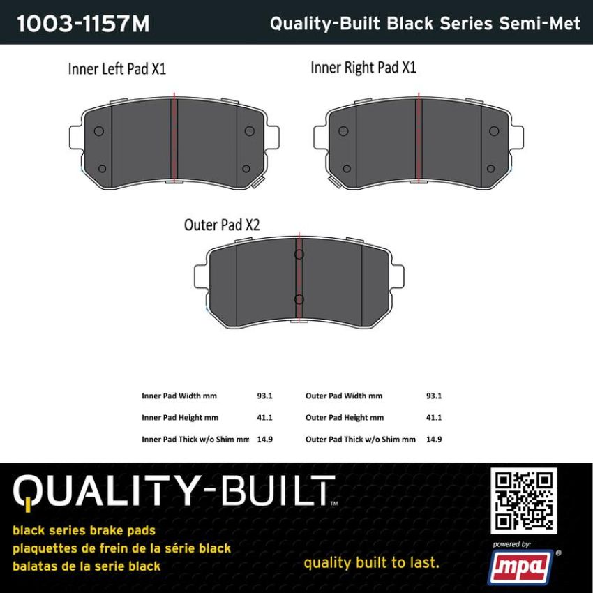MPA 1003-1157M Quality-Built Black Series Semi-Metallic Brake Pads w/ Hardware
