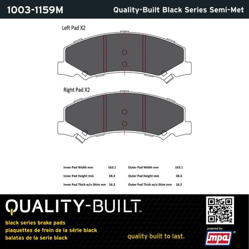 MPA 1003-1159M Quality-Built Black Series Semi-Metallic Brake Pads w/ Hardware