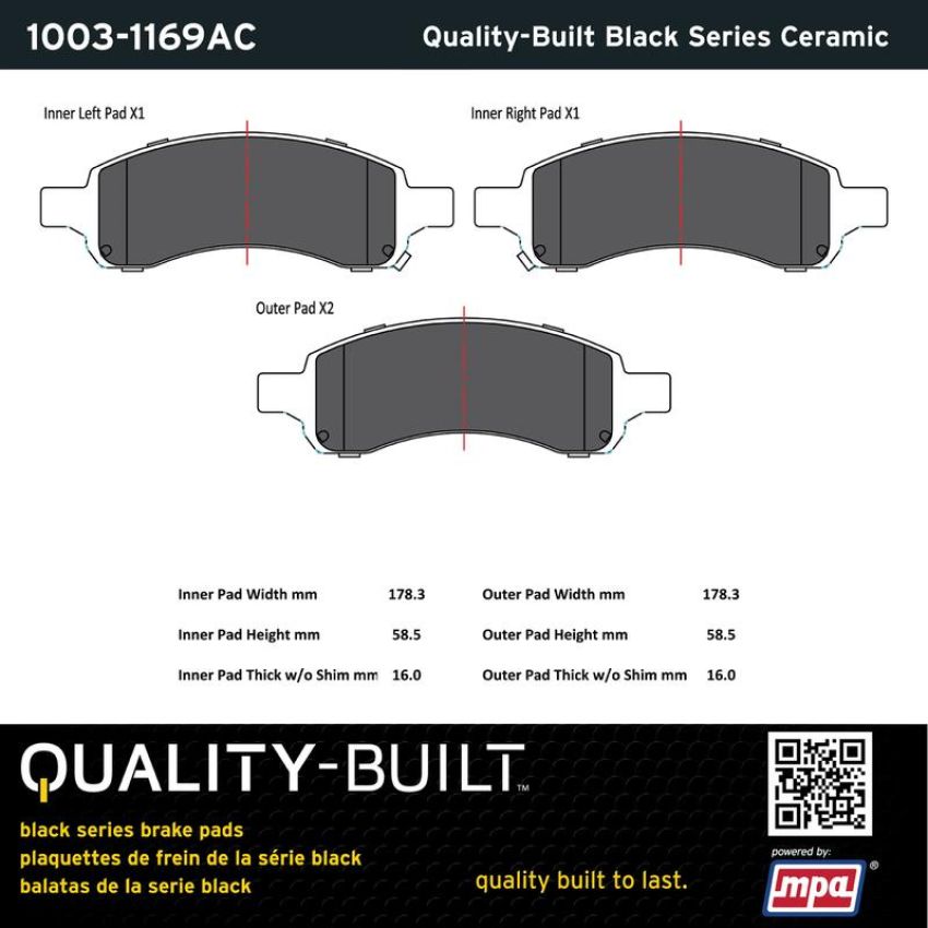 MPA 1003-1169AC Quality-Built Black Series Ceramic Brake Pads w/ Hardware