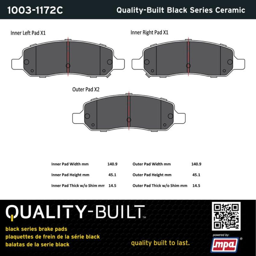 MPA 1003-1172C Quality-Built Black Series Ceramic Brake Pads w/ Hardware