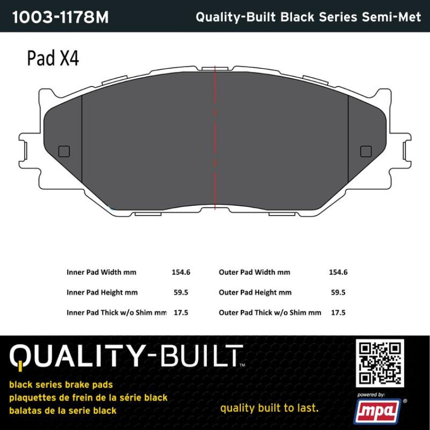 MPA 1003-1178M Quality-Built Black Series Semi-Metallic Brake Pads w/ Hardware