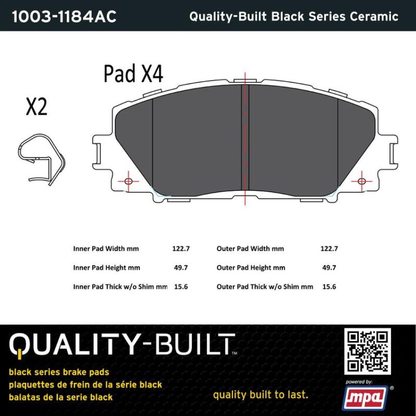 MPA 1003-1184AC Quality-Built Black Series Ceramic Brake Pads w/ Hardware