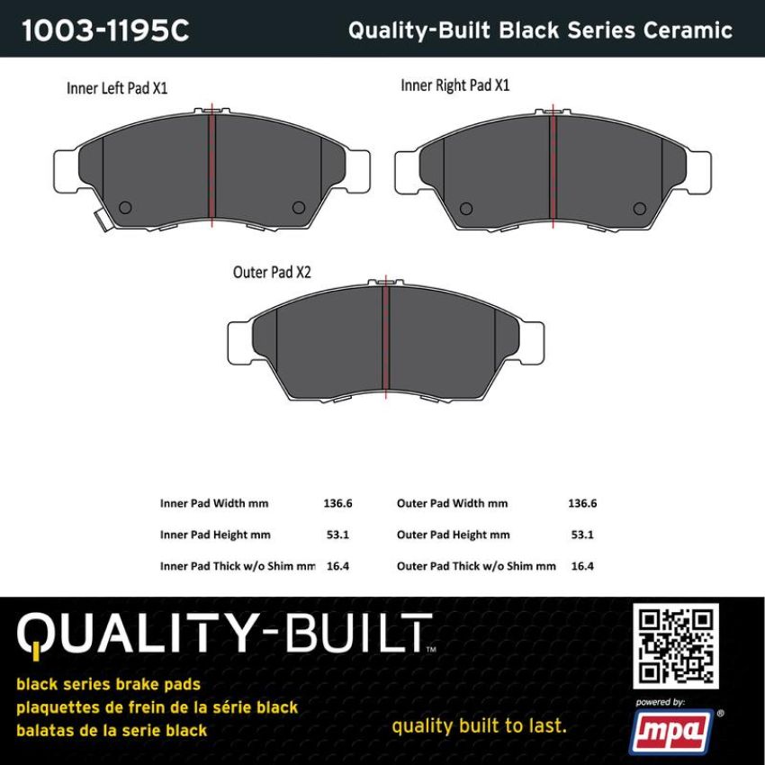 MPA 1003-1195C Quality-Built Black Series Ceramic Brake Pads w/ Hardware