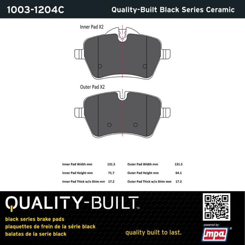 MPA 1003-1204C Quality-Built Black Series Ceramic Brake Pads w/ Hardware