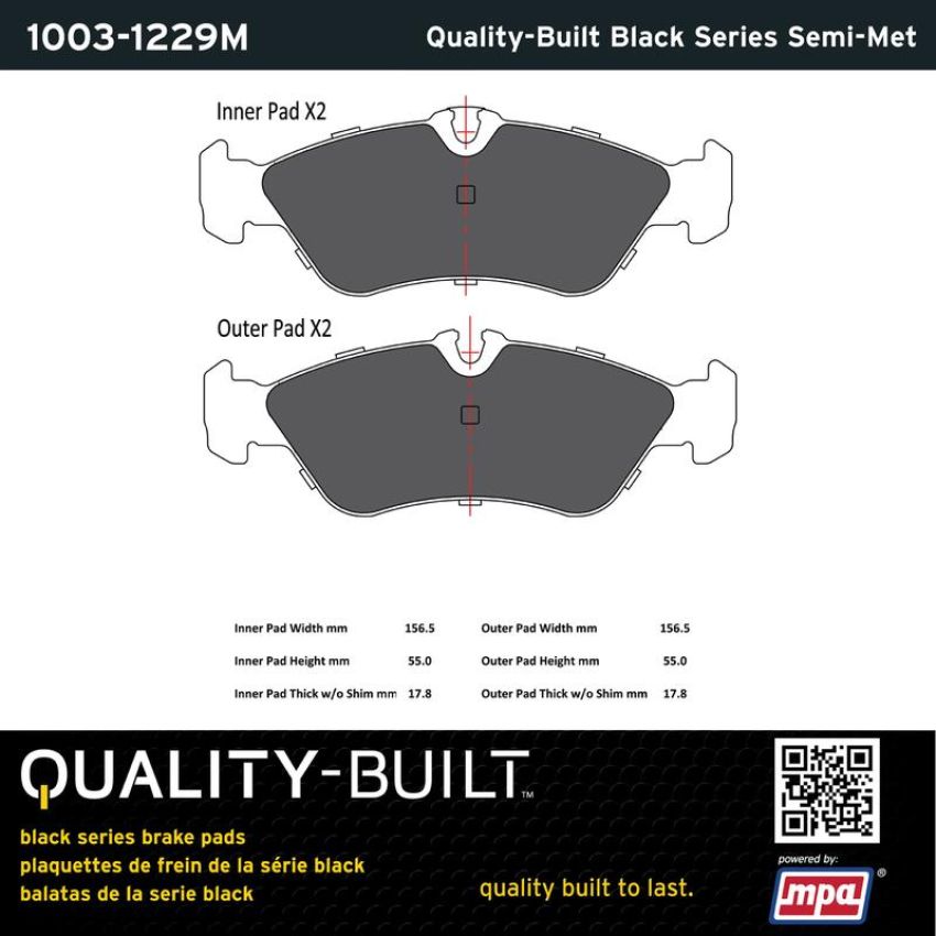 MPA 1003-1229M Quality-Built Black Series Semi-Metallic Brake Pads w/ Hardware