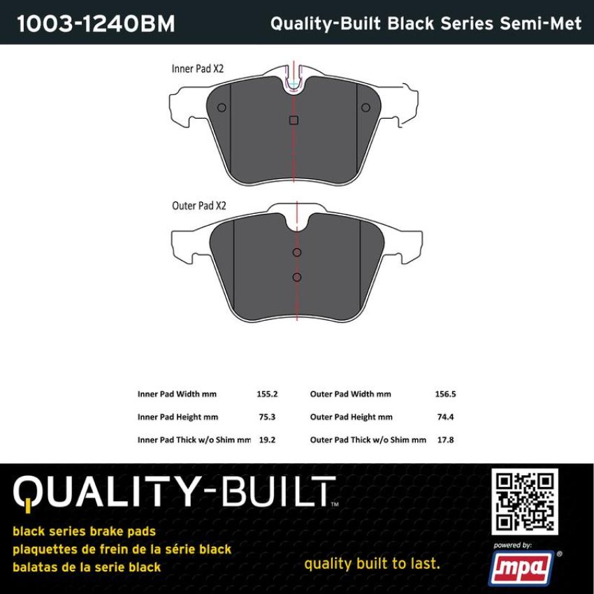 MPA 1003-1240BM Quality-Built Black Series Semi-Metallic Brake Pads w/ Hardware