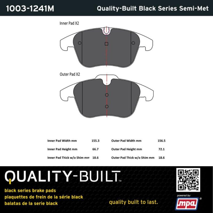 MPA 1003-1241M Quality-Built Black Series Semi-Metallic Brake Pads w/ Hardware