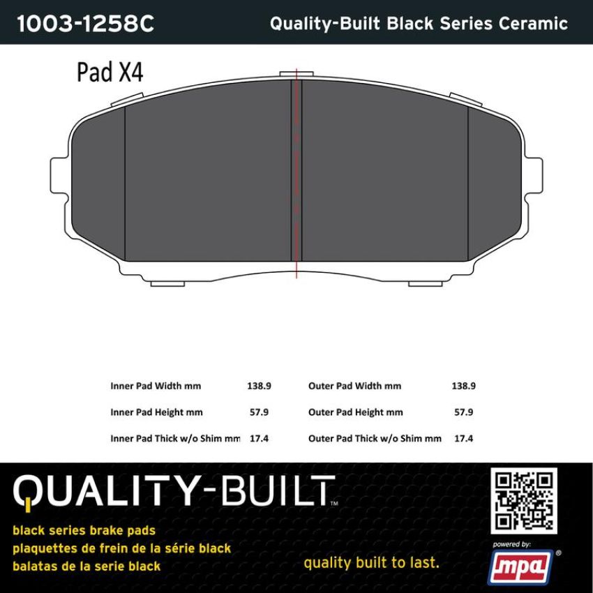 MPA 1003-1258C Quality-Built Black Series Ceramic Brake Pads w/ Hardware