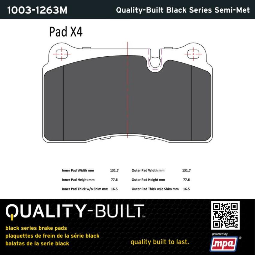 MPA 1003-1263M Quality-Built Black Series Semi-Metallic Brake Pads w/ Hardware