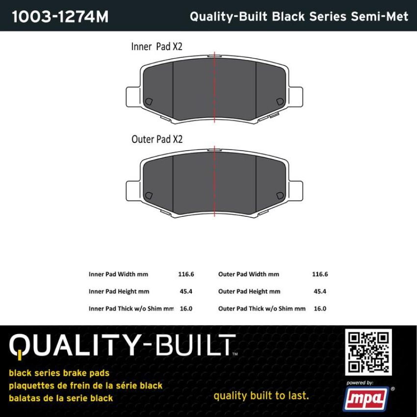 MPA 1003-1274M Quality-Built Black Series Semi-Metallic Brake Pads w/ Hardware
