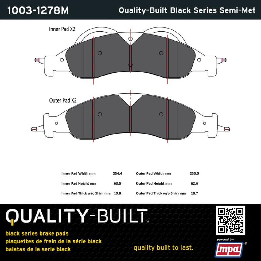 MPA 1003-1278M Quality-Built Black Series Semi-Metallic Brake Pads w/ Hardware