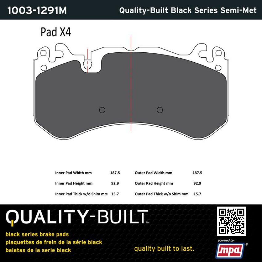 MPA 1003-1291M Quality-Built Black Series Semi-Metallic Brake Pads w/ Hardware