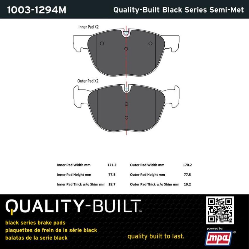 MPA 1003-1294M Quality-Built Black Series Semi-Metallic Brake Pads w/ Hardware