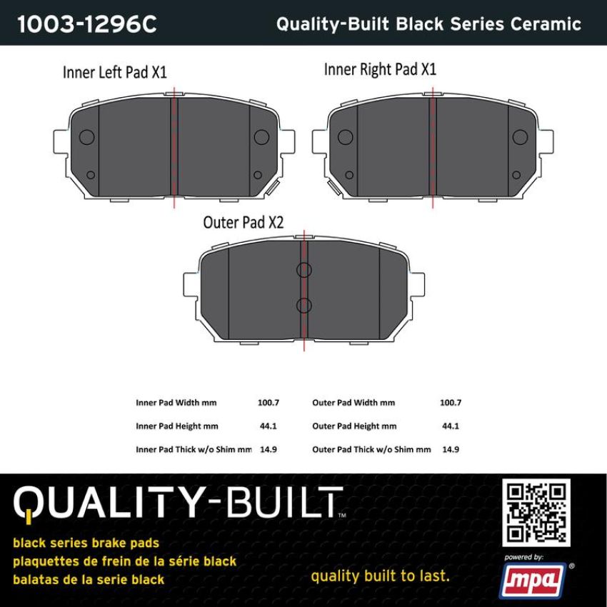 MPA 1003-1296C Quality-Built Black Series Ceramic Brake Pads w/ Hardware