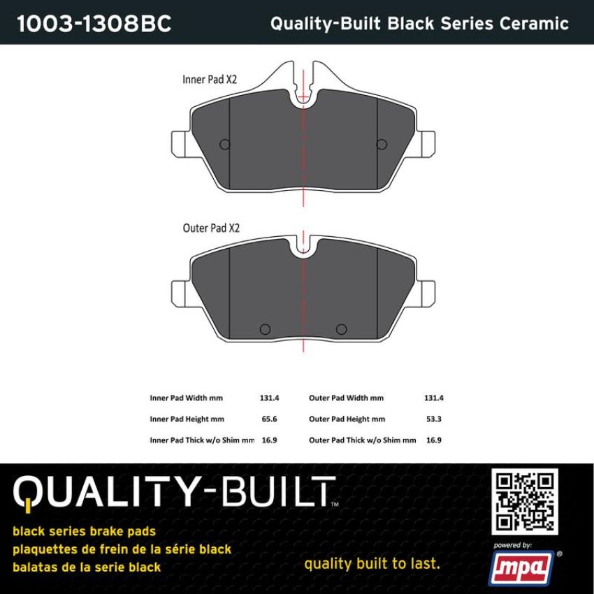 MPA 1003-1308BC Quality-Built Black Series Ceramic Brake Pads w/ Hardware