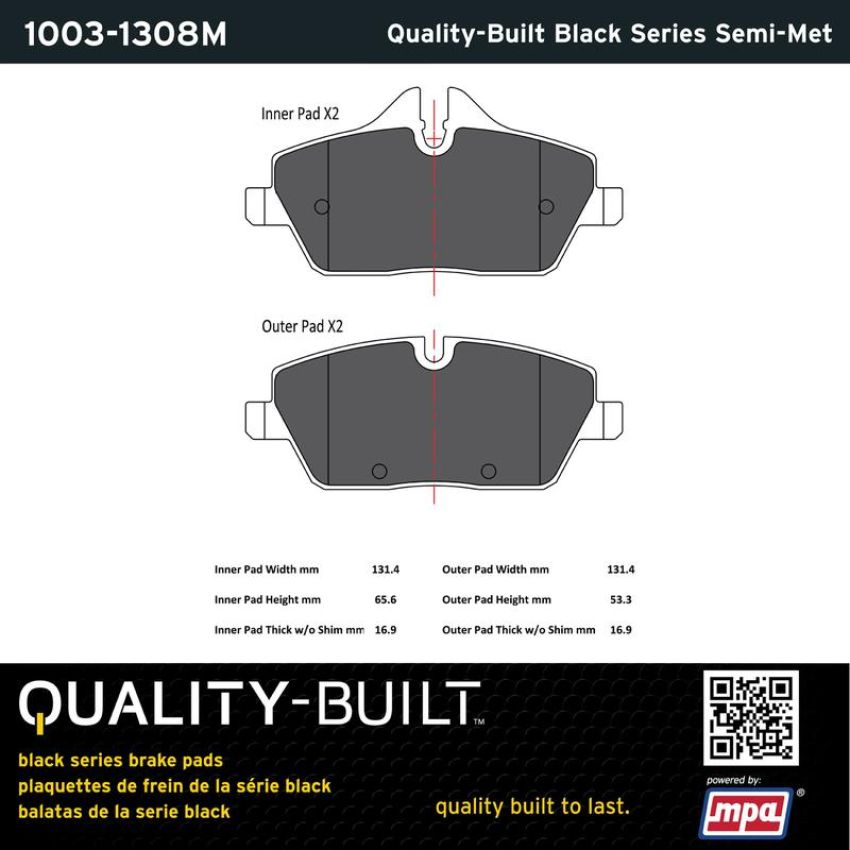 MPA 1003-1308M Quality-Built Black Series Semi-Metallic Brake Pads w/ Hardware