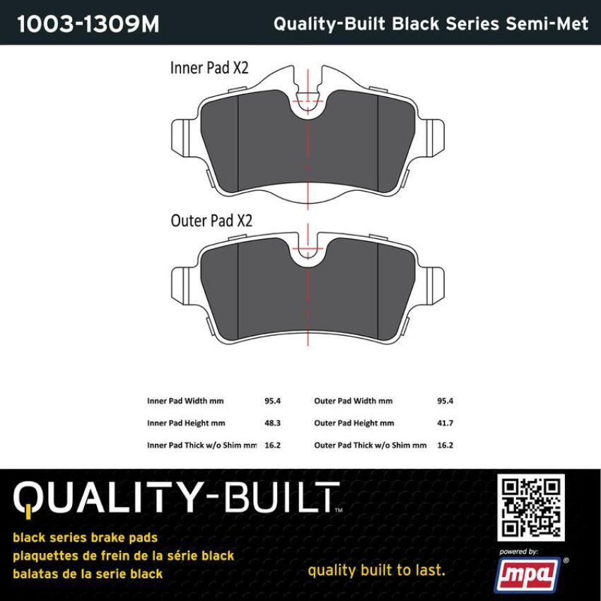 MPA 1003-1309M Quality-Built Black Series Semi-Metallic Brake Pads w/ Hardware