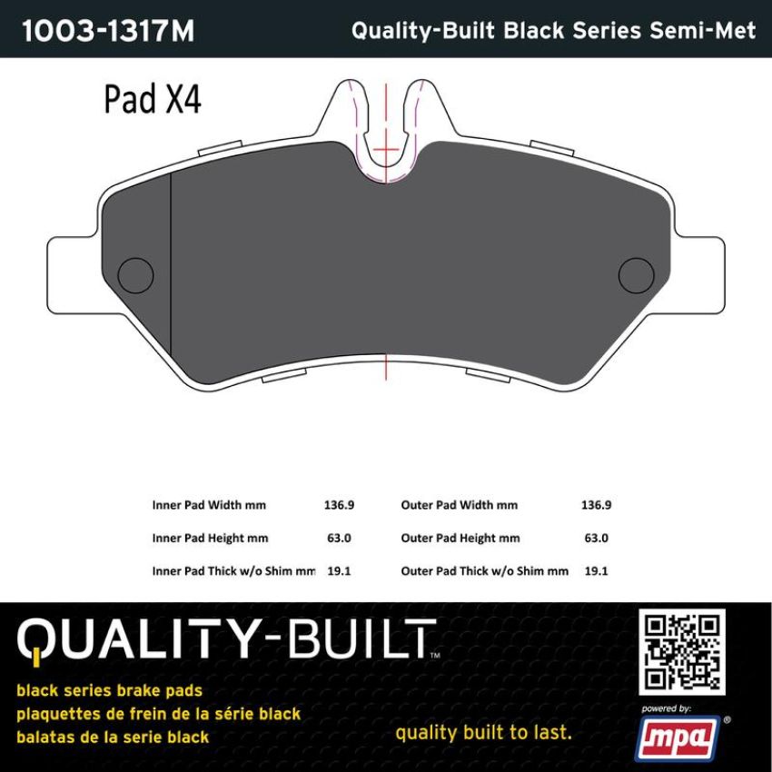 MPA 1003-1317M Quality-Built Black Series Semi-Metallic Brake Pads w/ Hardware