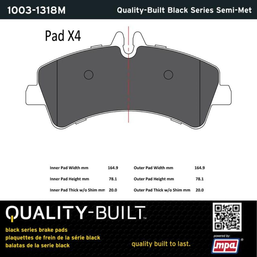 MPA 1003-1318M Quality-Built Black Series Semi-Metallic Brake Pads w/ Hardware