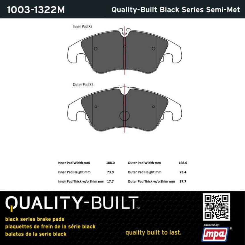 MPA 1003-1322M Quality-Built Black Series Semi-Metallic Brake Pads w/ Hardware