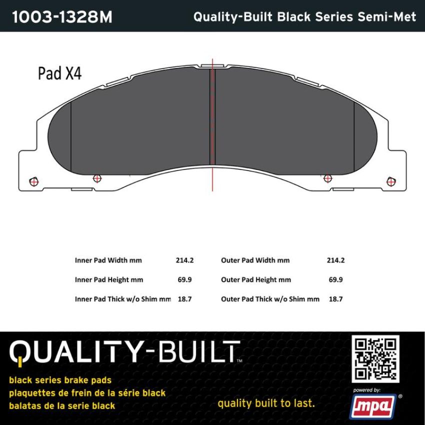 MPA 1003-1328M Quality-Built Black Series Semi-Metallic Brake Pads w/ Hardware