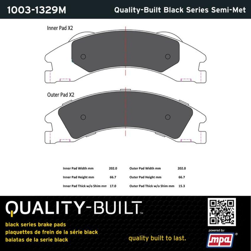 MPA 1003-1329M Quality-Built Black Series Semi-Metallic Brake Pads w/ Hardware