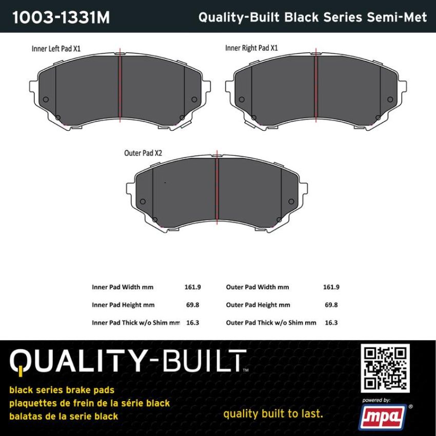 MPA 1003-1331M Quality-Built Black Series Semi-Metallic Brake Pads w/ Hardware
