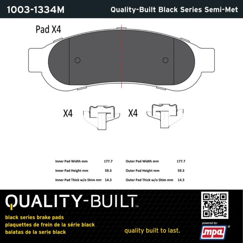 MPA 1003-1334M Quality-Built Black Series Semi-Metallic Brake Pads w/ Hardware