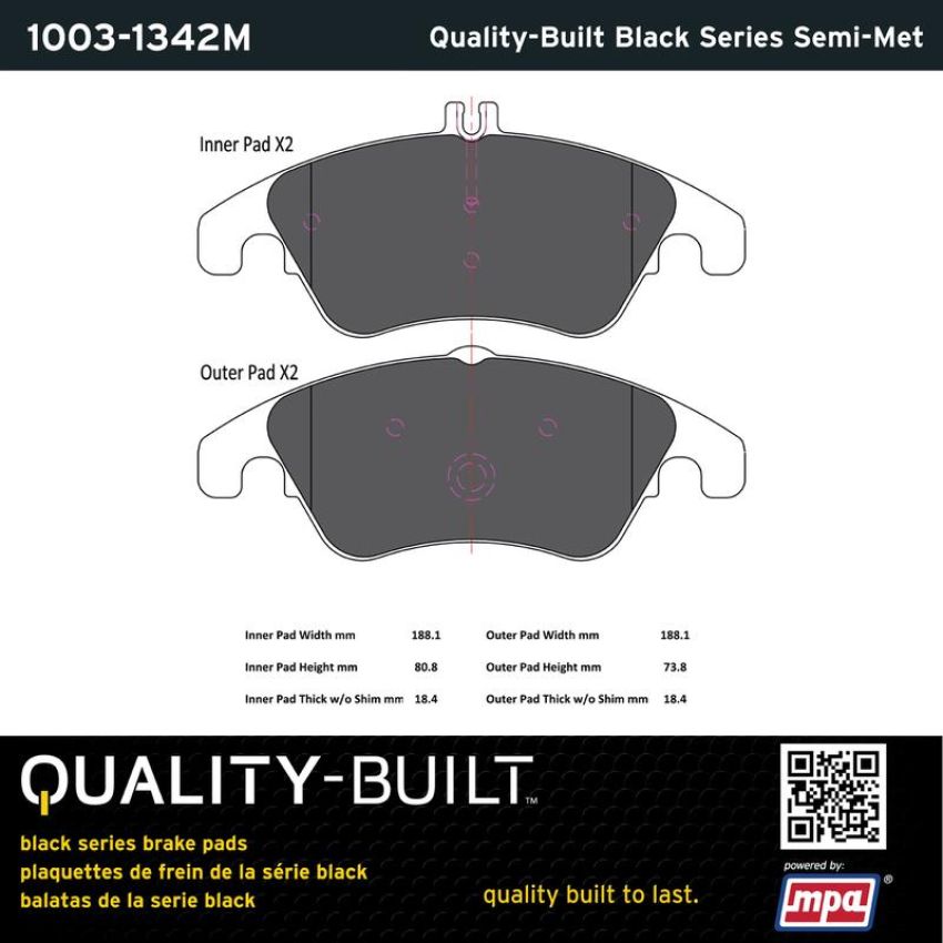 MPA 1003-1342M Quality-Built Black Series Semi-Metallic Brake Pads w/ Hardware