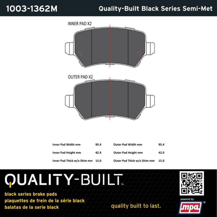 MPA 1003-1362M Quality-Built Black Series Semi-Metallic Brake Pads w/ Hardware