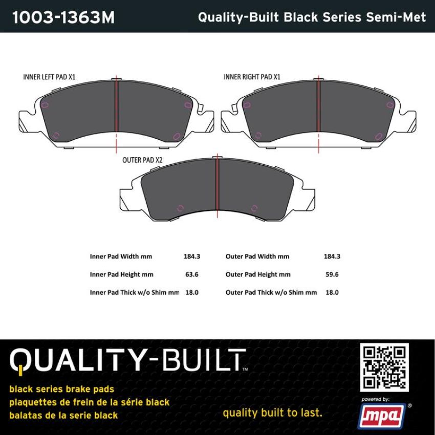 MPA 1003-1363M Quality-Built Black Series Semi-Metallic Brake Pads w/ Hardware