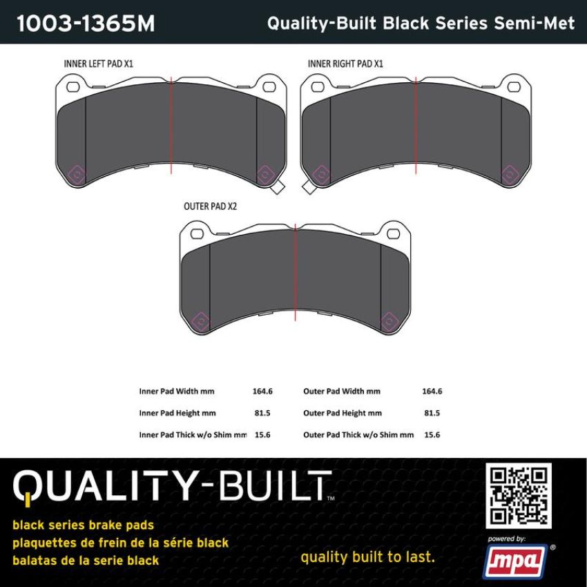 MPA 1003-1365M Quality-Built Black Series Semi-Metallic Brake Pads w/ Hardware